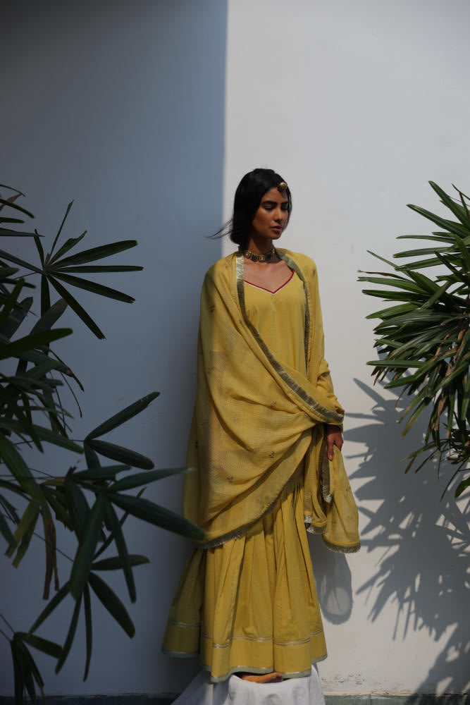 Afreen sharara set cotton Kurta/Kurta Sets by Khara Kapas in yellow for women Worldwide