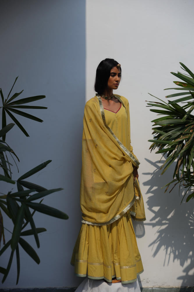 Afreen sharara set cotton Kurta/Kurta Sets by Khara Kapas in yellow for women Worldwide