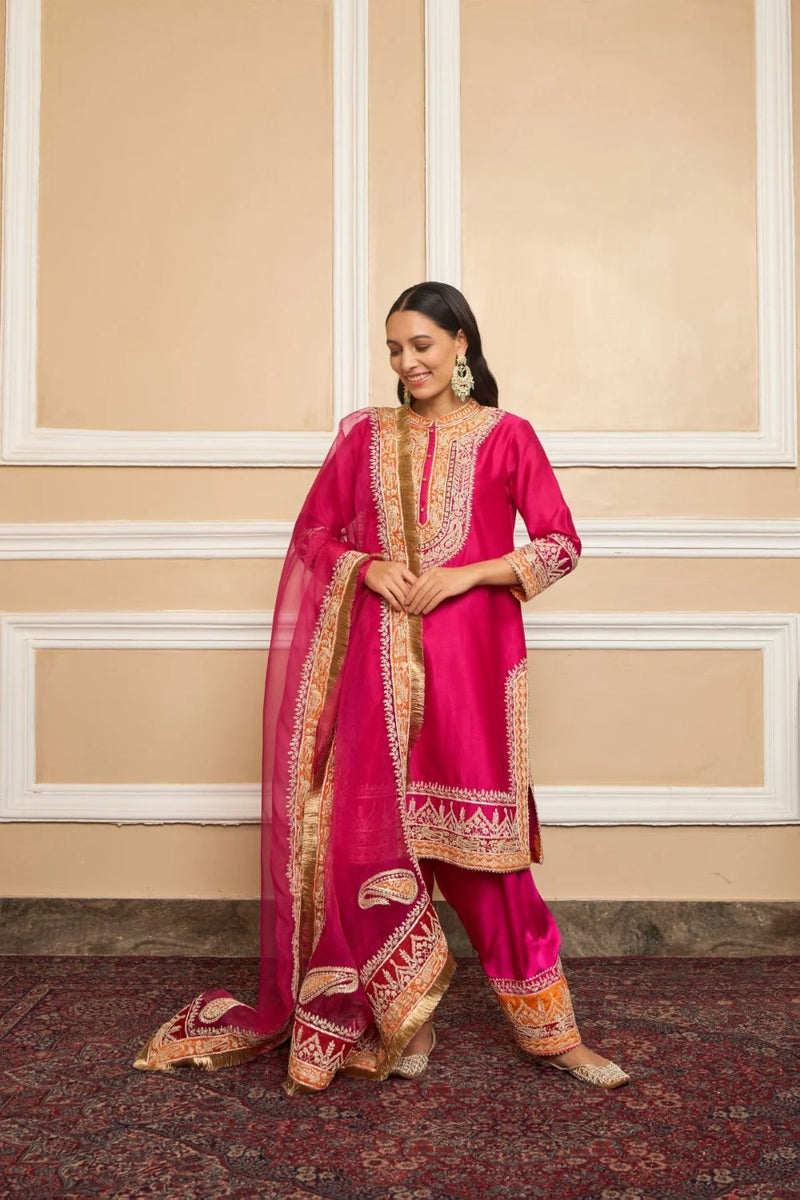Afsaana Straight kurta with salwar and dupatta-Hotpink silk by SHEETAL BATRA in pink color for women Worldwide