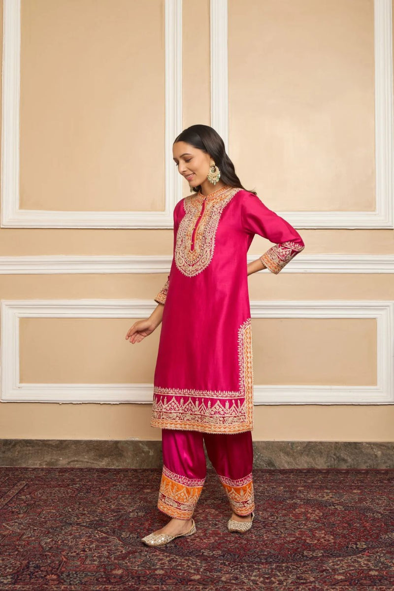 Afsaana Straight kurta with salwar and dupatta-Hotpink silk by SHEETAL BATRA in pink color for women Worldwide