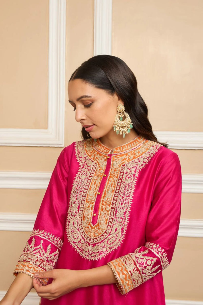 Afsaana Straight kurta with salwar and dupatta-Hotpink silk by SHEETAL BATRA in pink color for women Worldwide
