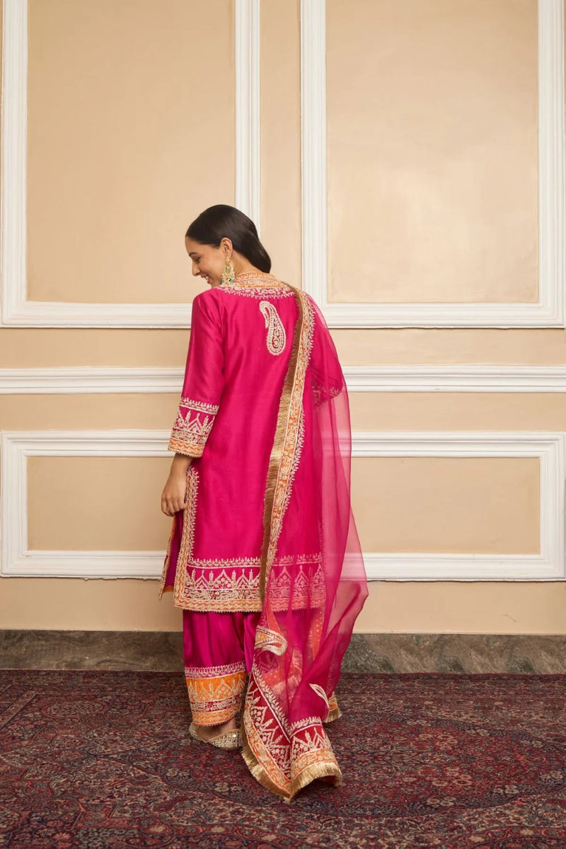 Afsaana Straight kurta with salwar and dupatta-Hotpink silk by SHEETAL BATRA in pink color for women Worldwide