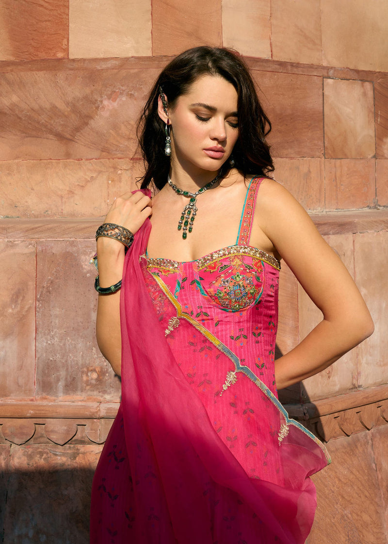 After Hours Hot Pink Embroidered Corset Anarkali Set crepe, organza kurta/kurta set by Rajiramniq in pink for women Worldwide