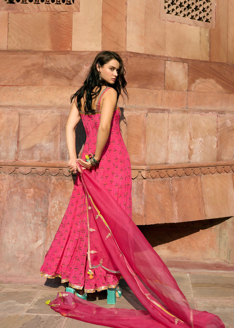 After Hours Hot Pink Embroidered Corset Anarkali Set crepe, organza kurta/kurta set by Rajiramniq in pink for women Worldwide