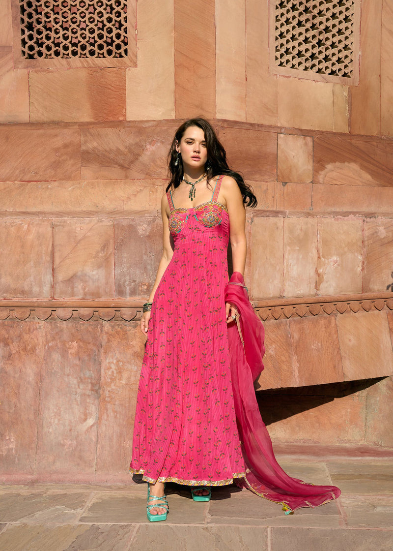 After Hours Hot Pink Embroidered Corset Anarkali Set crepe, organza kurta/kurta set by Rajiramniq in pink for women Worldwide