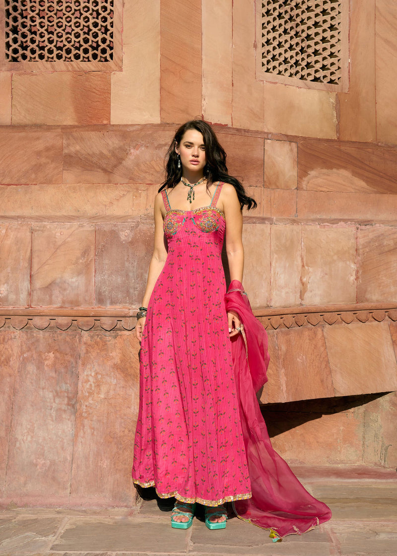 After Hours Hot Pink Embroidered Corset Anarkali Set crepe, organza kurta/kurta set by Rajiramniq in pink for women Worldwide