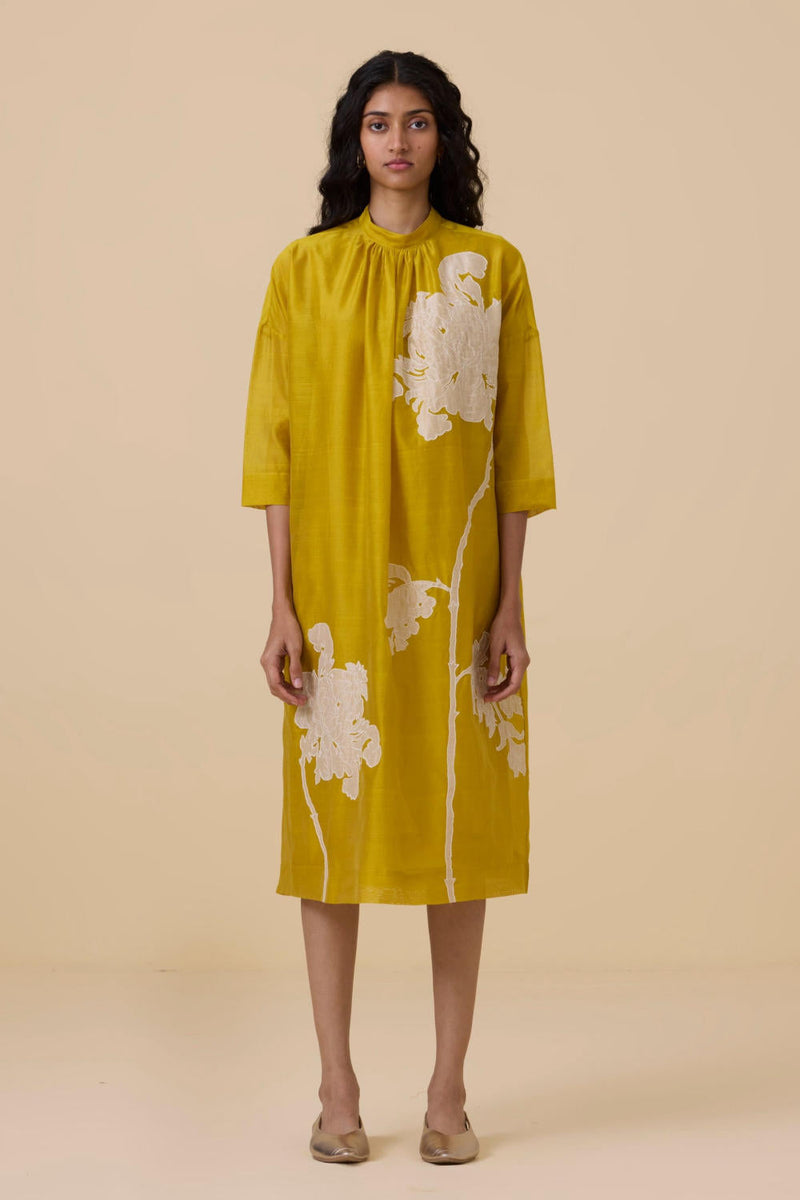 Aira Yellow Handwoven Embroidered Dress chanderi by The Summer House in yellow color for women Worldwide