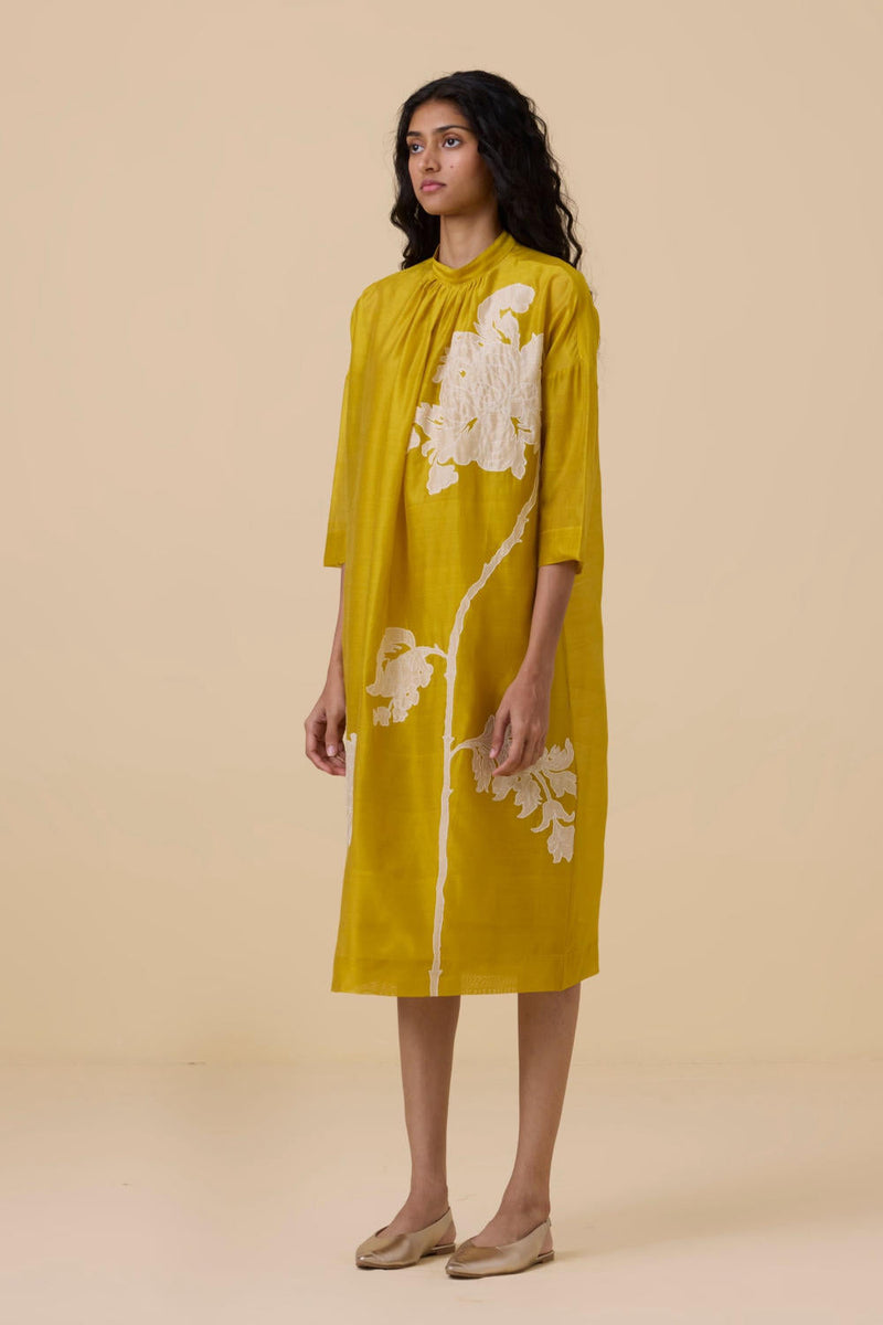 Aira Yellow Handwoven Embroidered Dress chanderi by The Summer House in yellow color for women Worldwide
