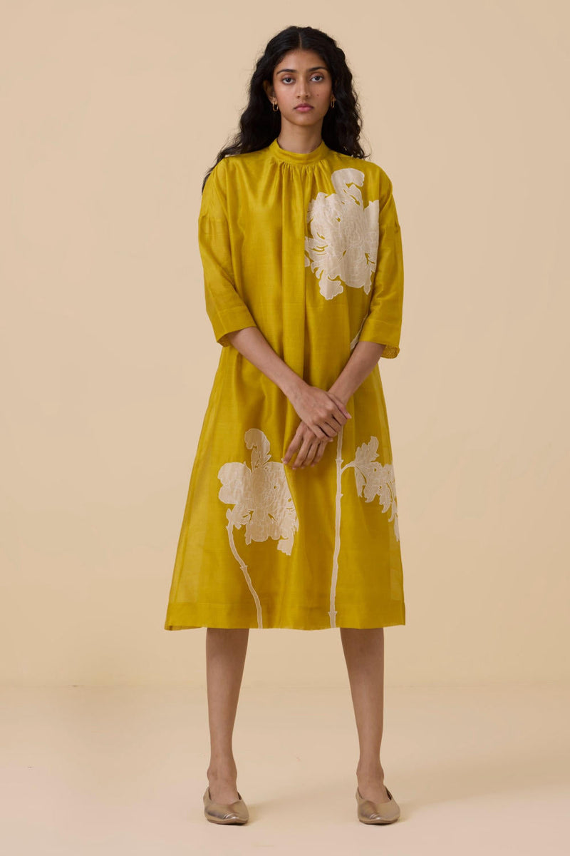 Aira Yellow Handwoven Embroidered Dress chanderi by The Summer House in yellow color for women Worldwide