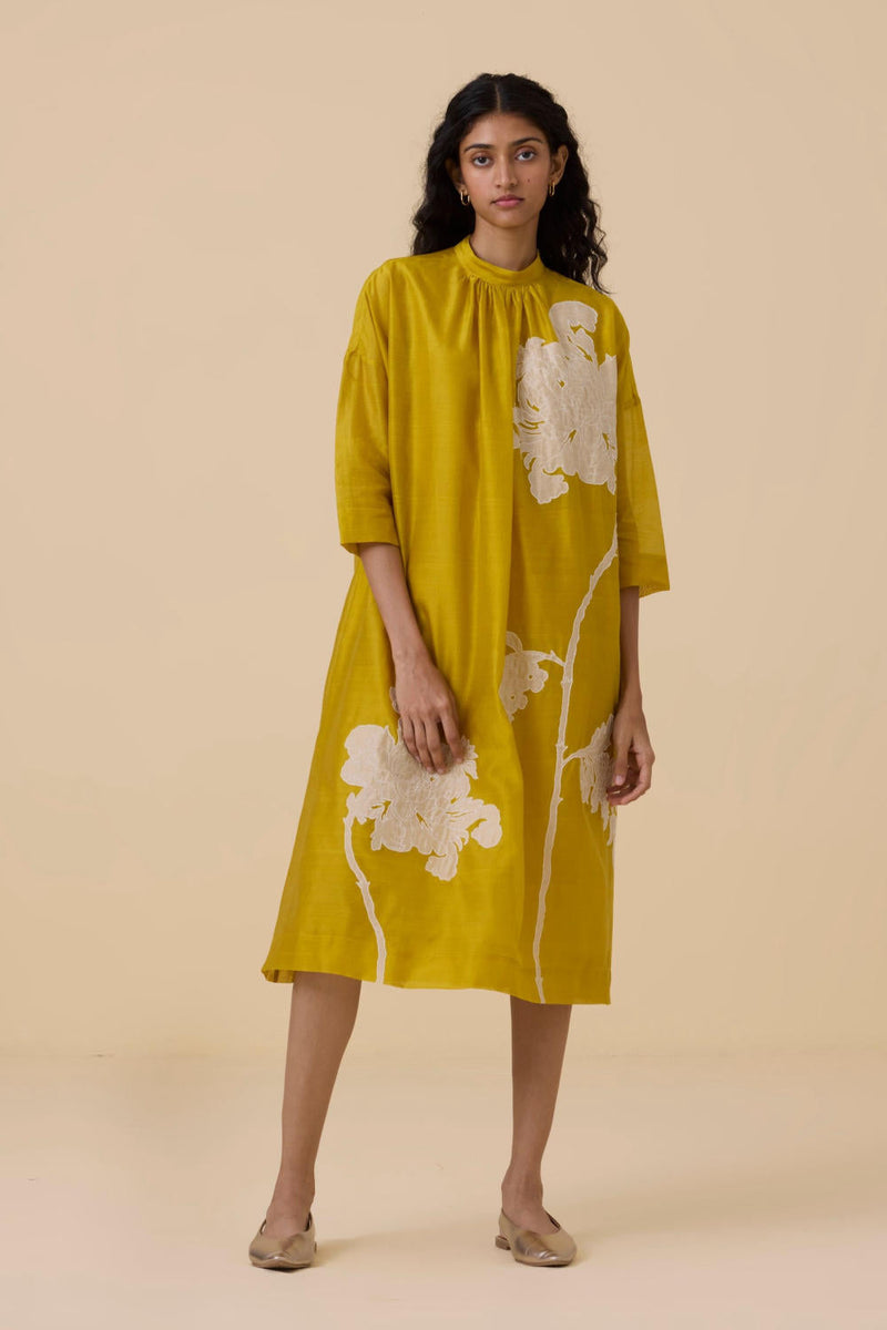 Aira Yellow Handwoven Embroidered Dress chanderi by The Summer House in yellow color for women Worldwide