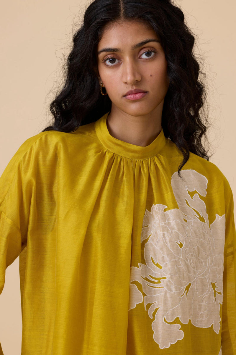 Aira Yellow Handwoven Embroidered Dress chanderi by The Summer House in yellow color for women Worldwide