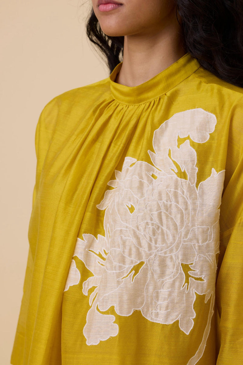 Aira Yellow Handwoven Embroidered Dress chanderi by The Summer House in yellow color for women Worldwide