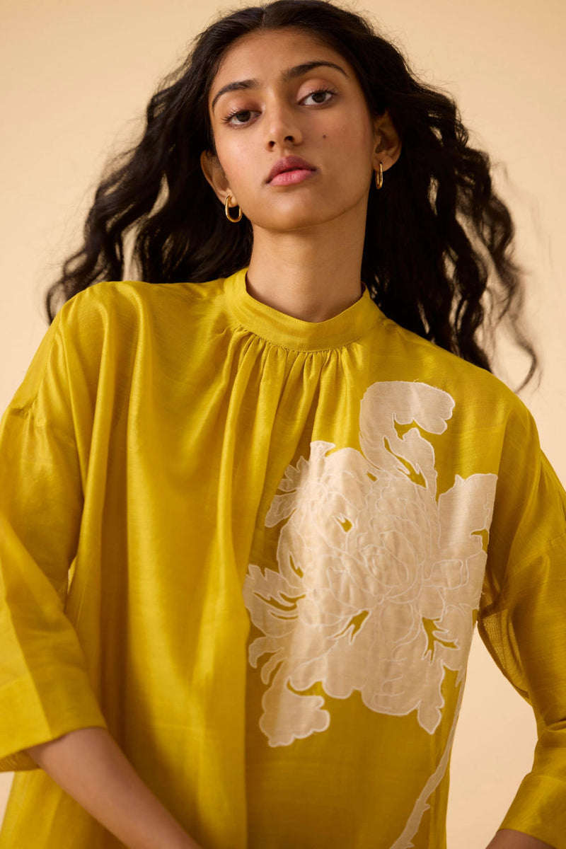 Aira Yellow Handwoven Embroidered Dress chanderi by The Summer House in yellow color for women Worldwide
