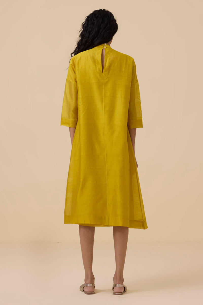 Aira Yellow Handwoven Embroidered Dress chanderi by The Summer House in yellow color for women Worldwide