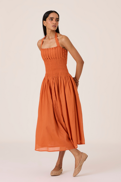 Aisha Apricot Pleated Midi Dress