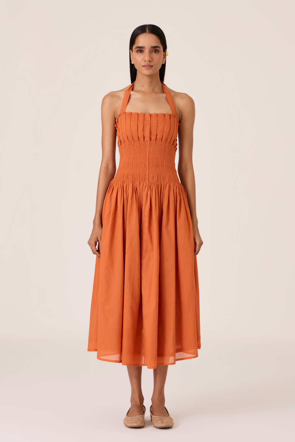 Aisha Apricot Pleated Midi Dress