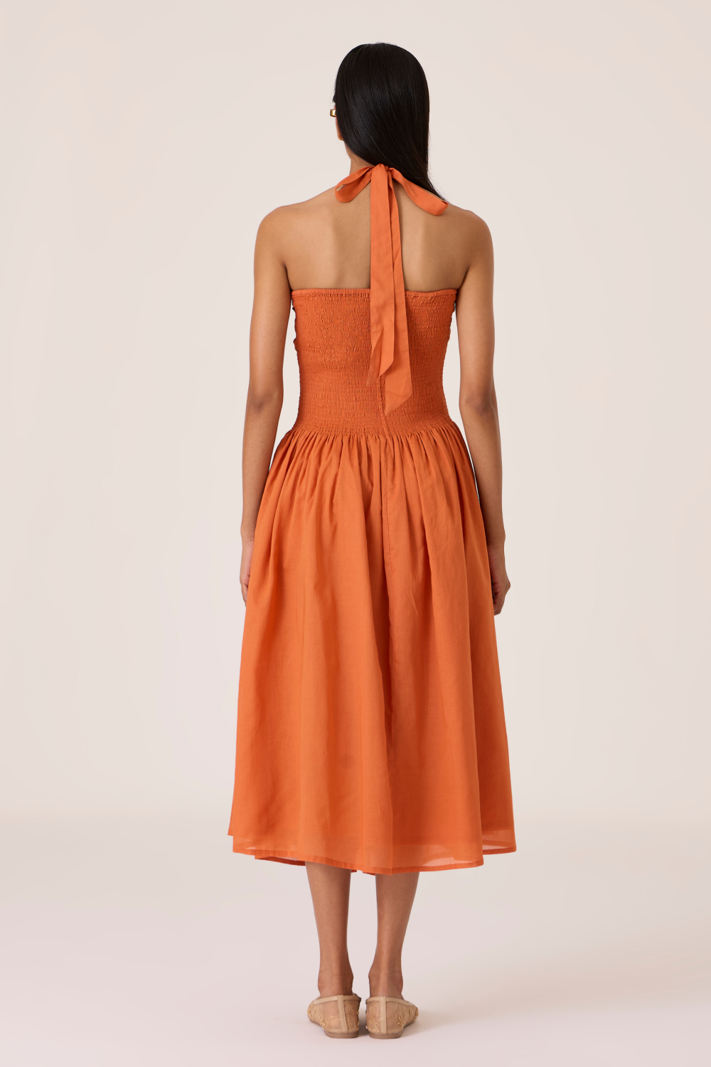 Aisha Apricot Pleated Midi Dress