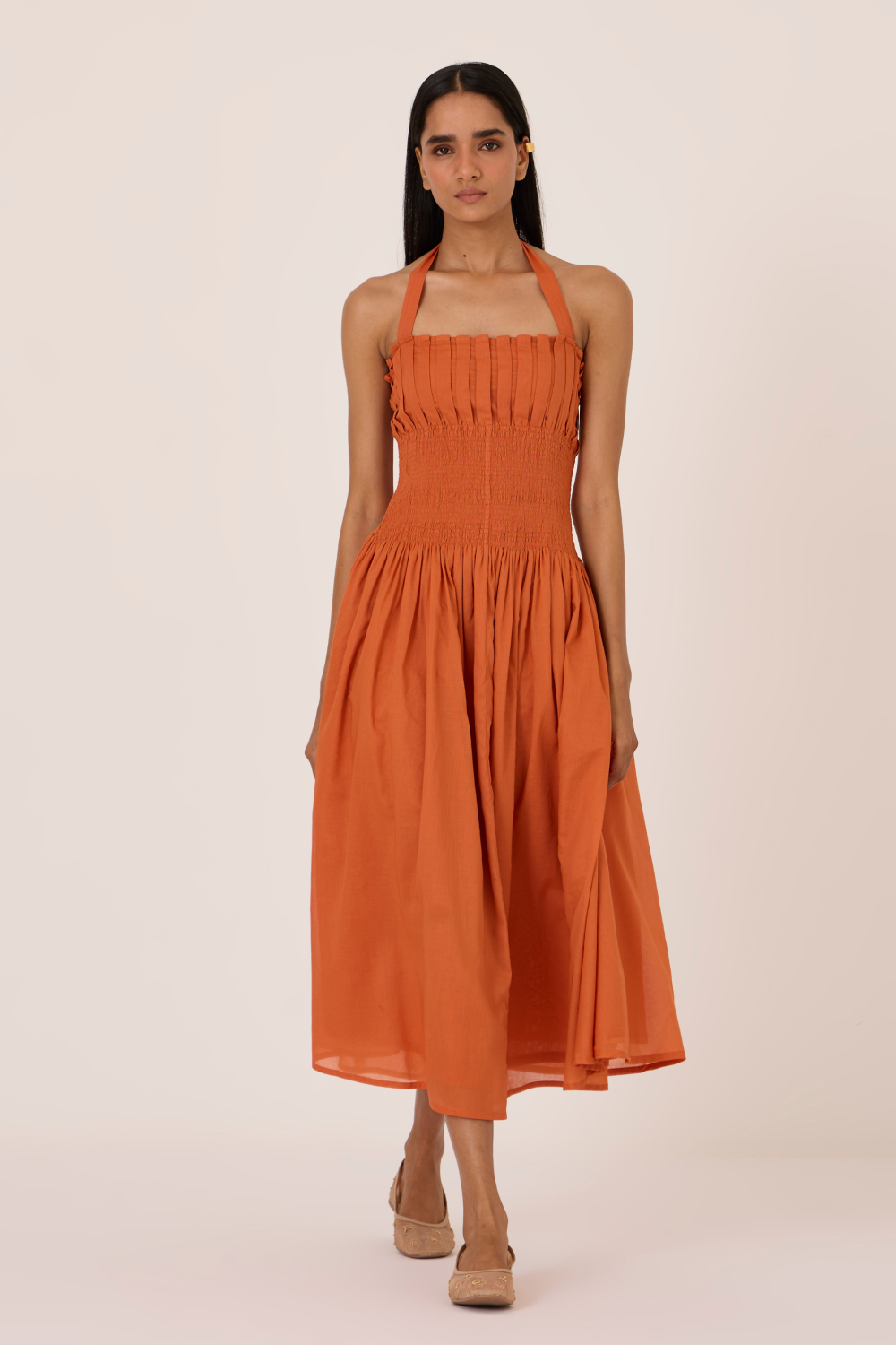 Aisha Apricot Pleated Midi Dress