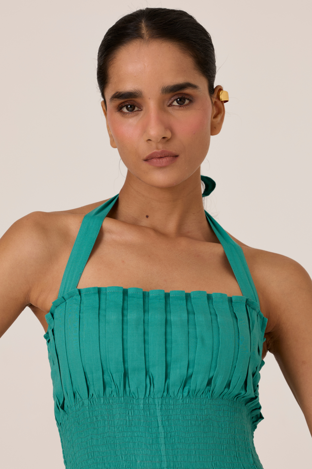 Aisha Cyan Pleated Midi Dress