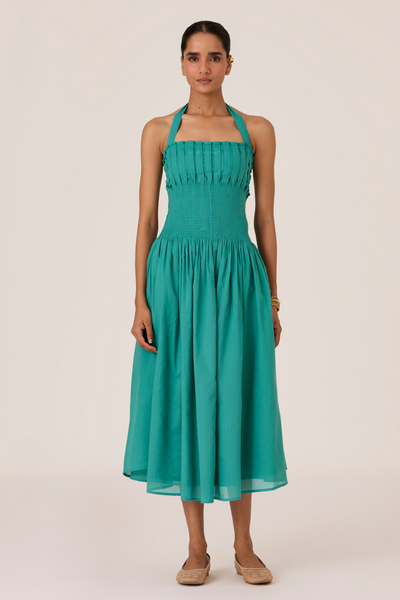 Aisha Cyan Pleated Midi Dress