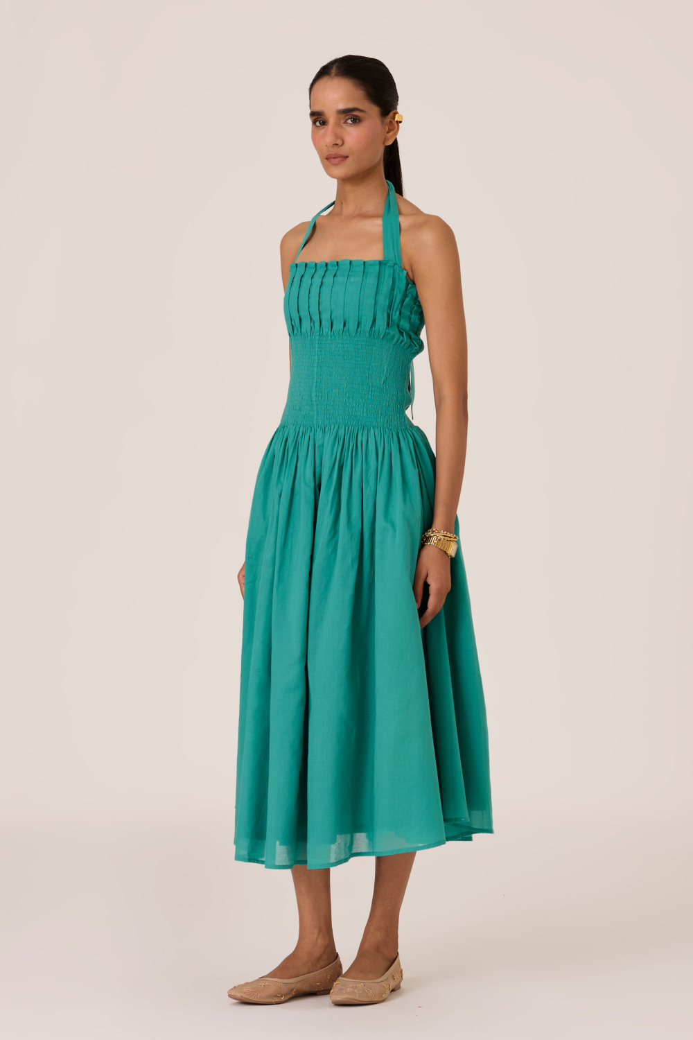 Aisha Cyan Pleated Midi Dress