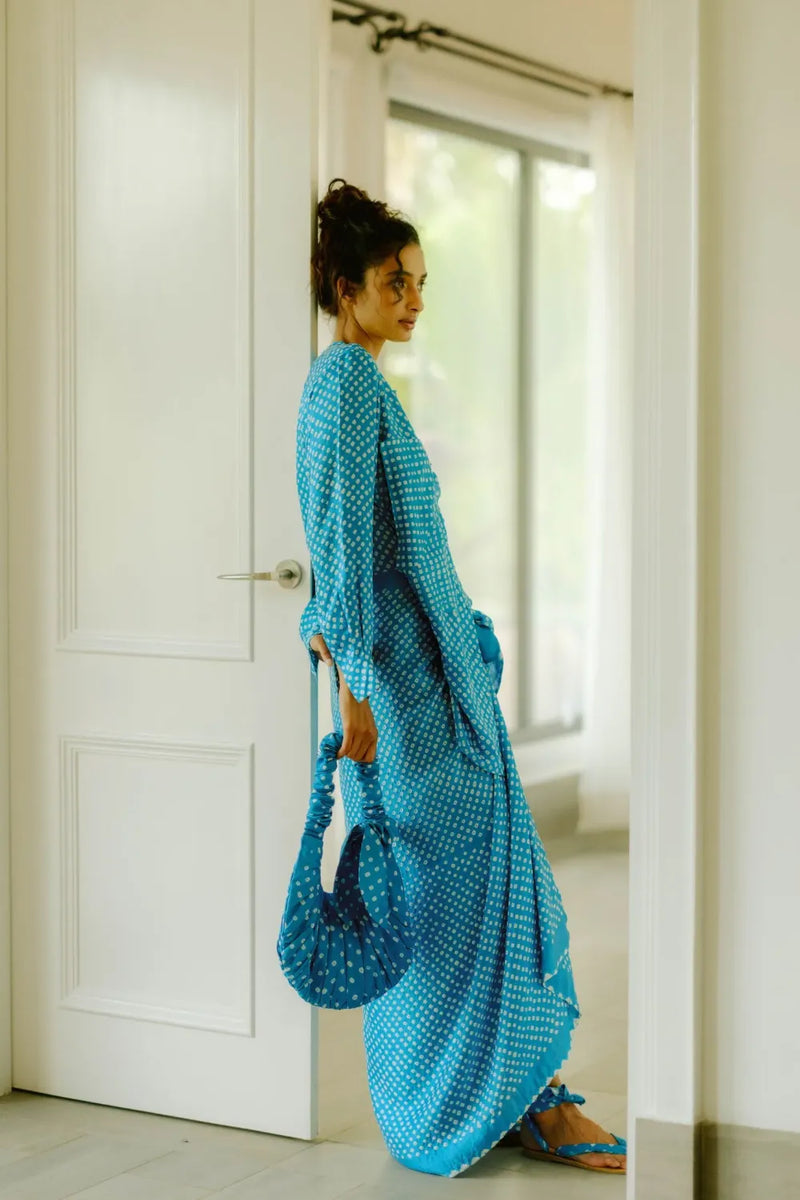 Akasha Silk Bandhani Sarong Dress silk by Ituvana in blue color for women Worldwide