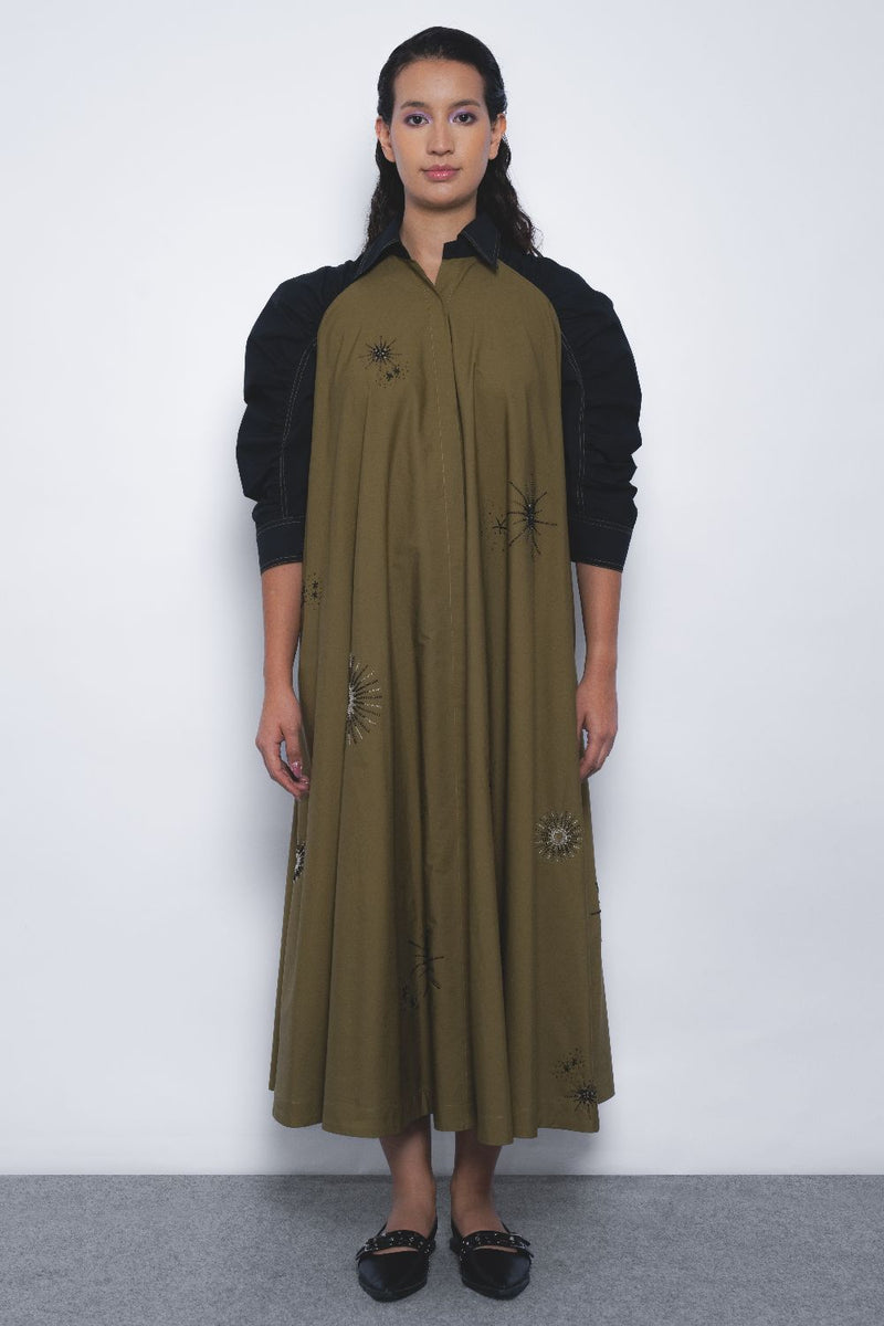 Alea Starlight Dress - Olive and Black cotton by Leh Studios in multi color for women Worldwide