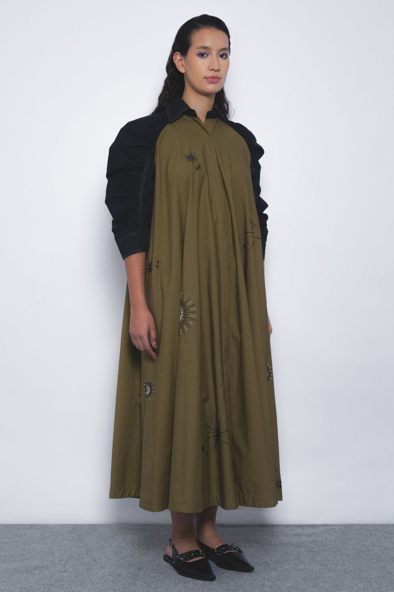 Alea Starlight Dress - Olive and Black cotton by Leh Studios in multi color for women Worldwide