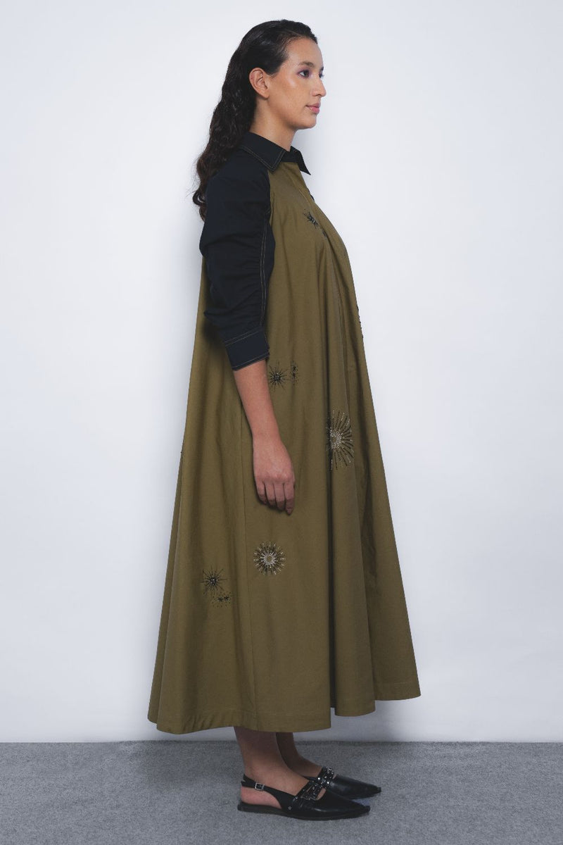 Alea Starlight Dress - Olive and Black cotton by Leh Studios in multi color for women Worldwide