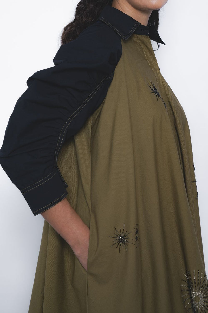 Alea Starlight Dress - Olive and Black cotton by Leh Studios in multi color for women Worldwide
