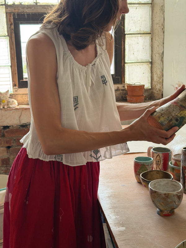 Alice Top-White Jamdani cotton jamdani top/shirt by World of Crow in white for women Worldwide