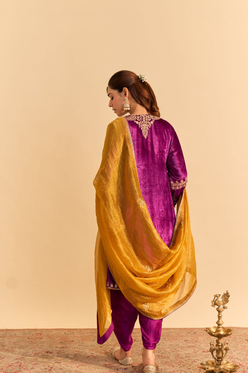 Amal - Deep Purple A-line Kurta with Dhoti with Dupatta by SHEETAL BATRA for women Worldwide