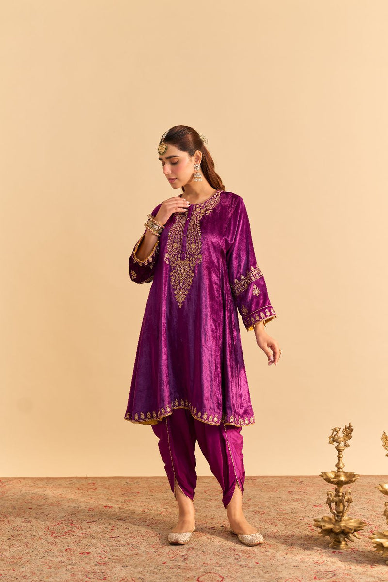 Amal - Deep Purple A-line Kurta with Dhoti with Dupatta by SHEETAL BATRA for women Worldwide