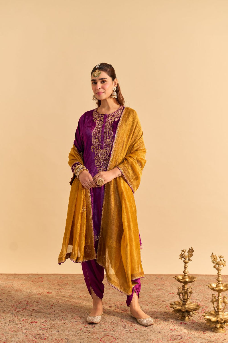 Amal - Deep Purple A-line Kurta with Dhoti with Dupatta by SHEETAL BATRA for women Worldwide