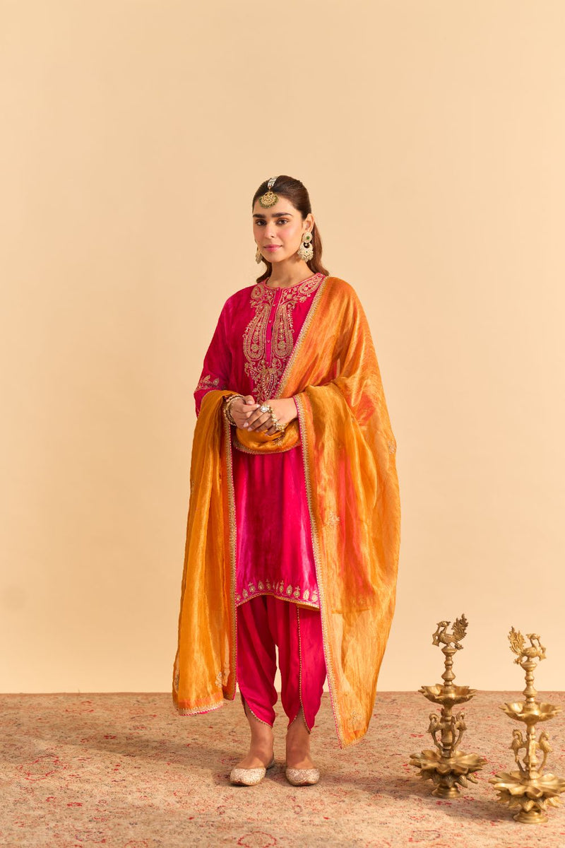 Amal - Hotpink A-line Kurta with Dhoti with Dupatta by SHEETAL BATRA for women Worldwide