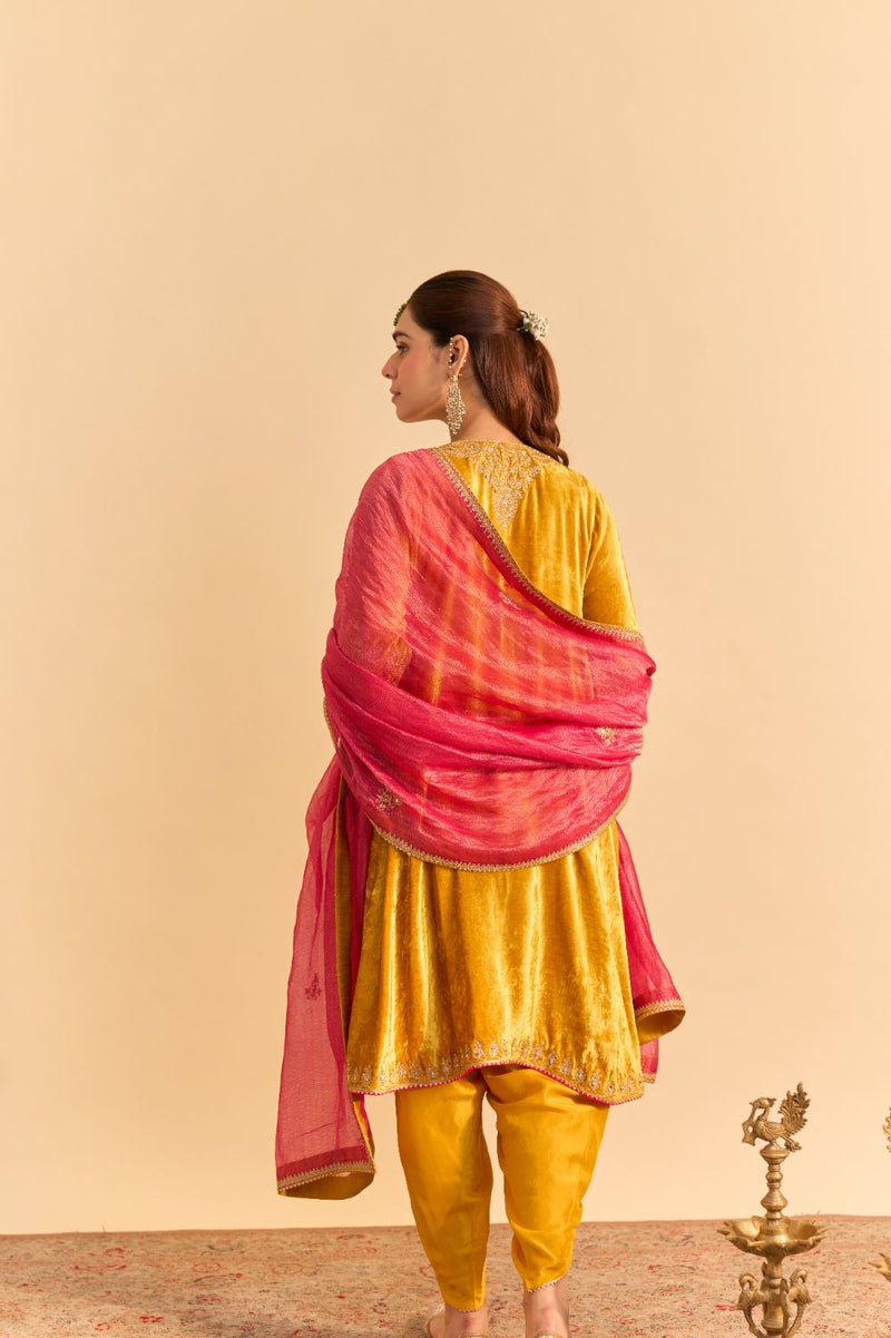 Amal - Mustard A-line Kurta with Dhoti and Dupatta by SHEETAL BATRA for women Worldwide