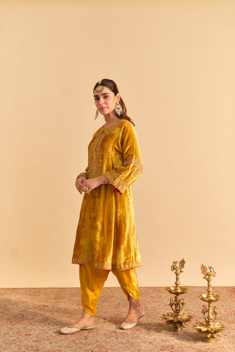 Amal - Mustard A-line Kurta with Dhoti and Dupatta by SHEETAL BATRA for women Worldwide