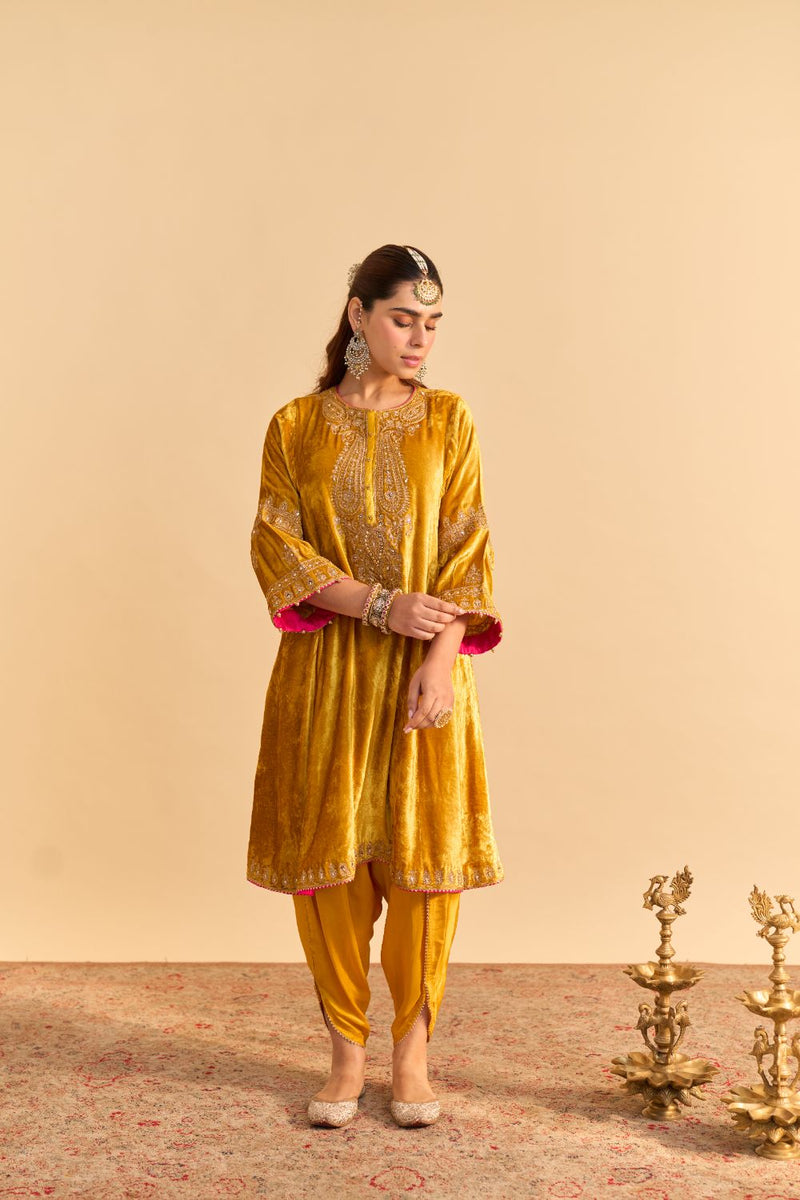 Amal - Mustard A-line Kurta with Dhoti and Dupatta by SHEETAL BATRA for women Worldwide