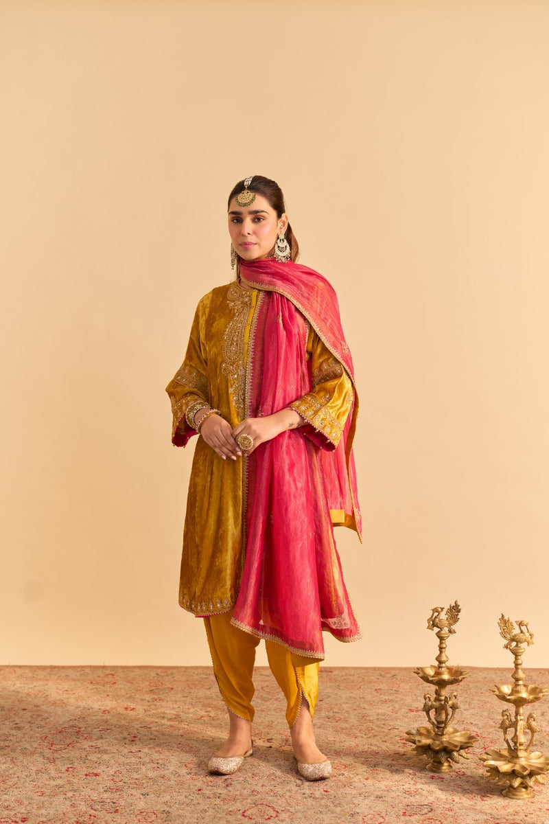 Amal - Mustard A-line Kurta with Dhoti and Dupatta by SHEETAL BATRA for women Worldwide