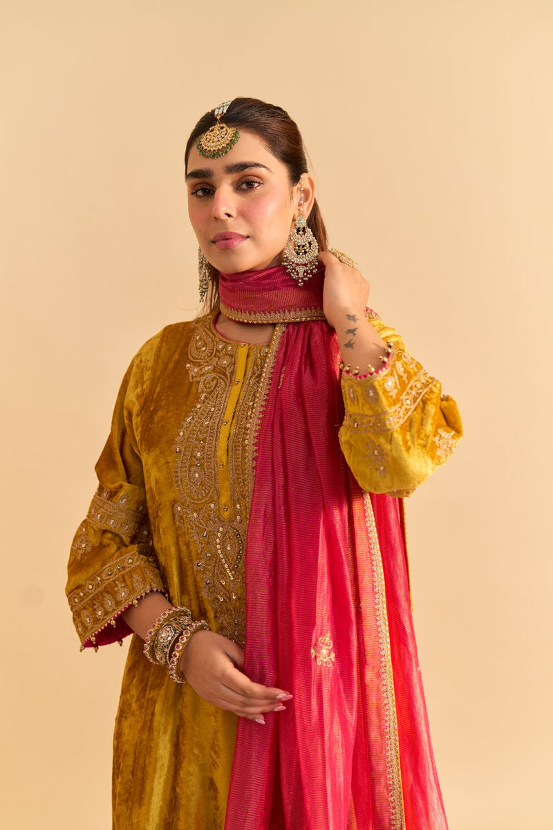 Amal - Mustard A-line Kurta with Dhoti and Dupatta by SHEETAL BATRA for women Worldwide