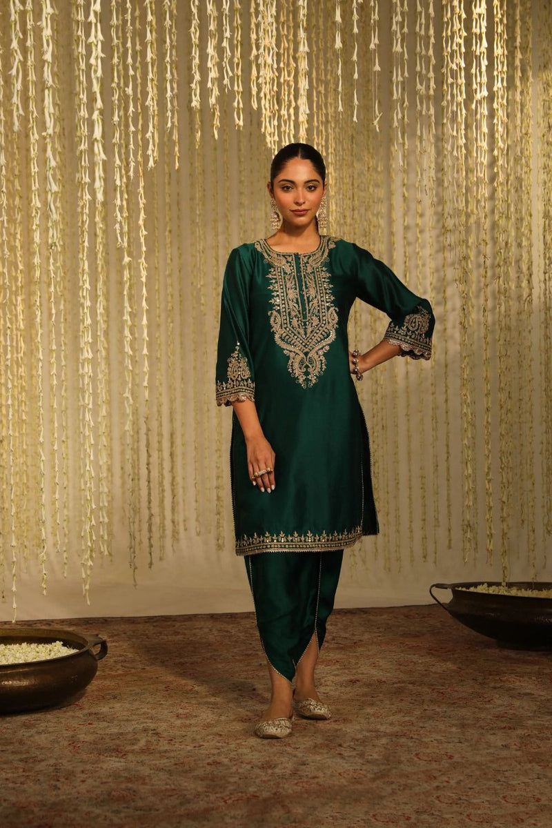 Amayra Straight kurta with Dhoti-Emerald Green silk by SHEETAL BATRA for women Worldwide