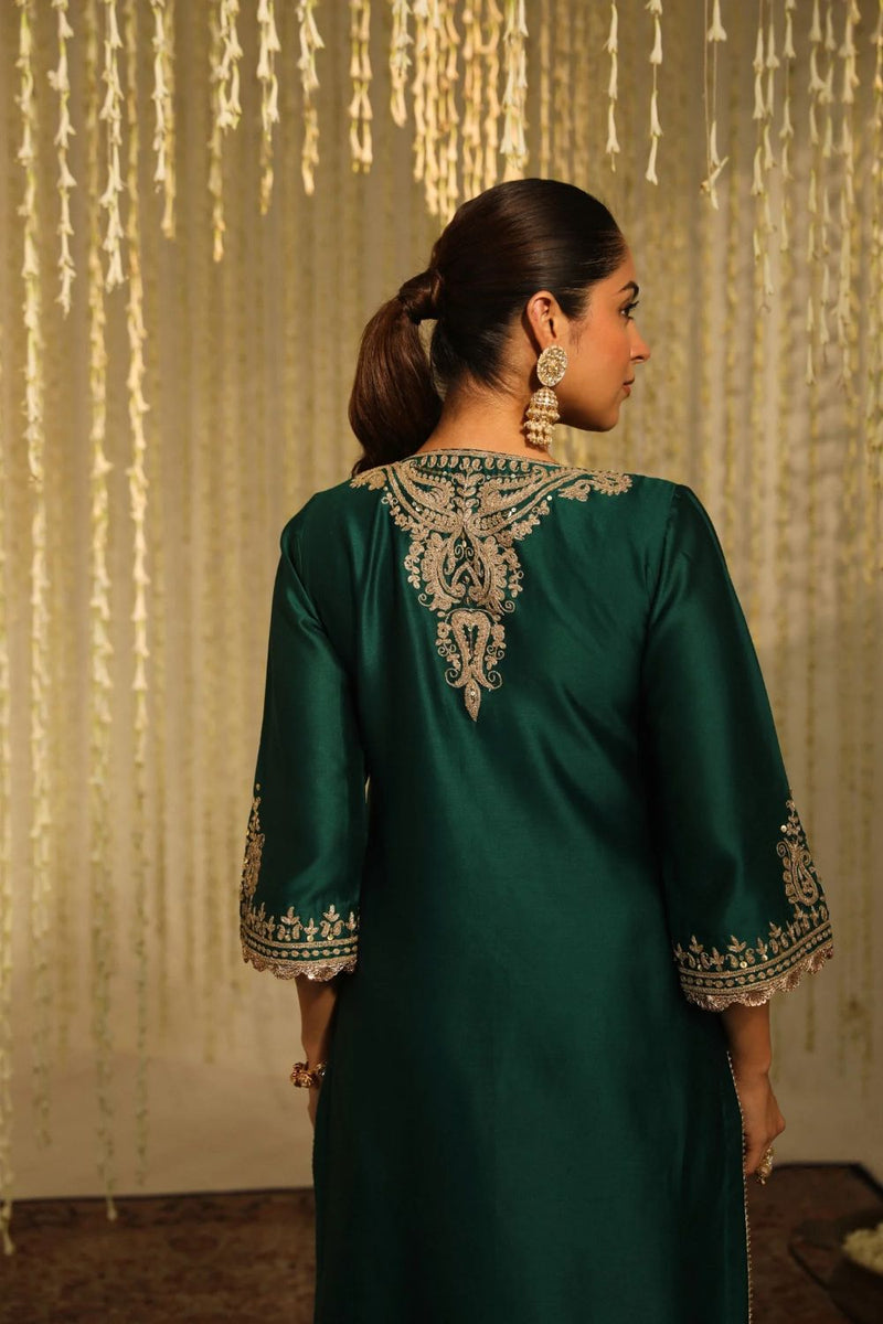 Amayra Straight kurta with Dhoti-Emerald Green silk by SHEETAL BATRA for women Worldwide