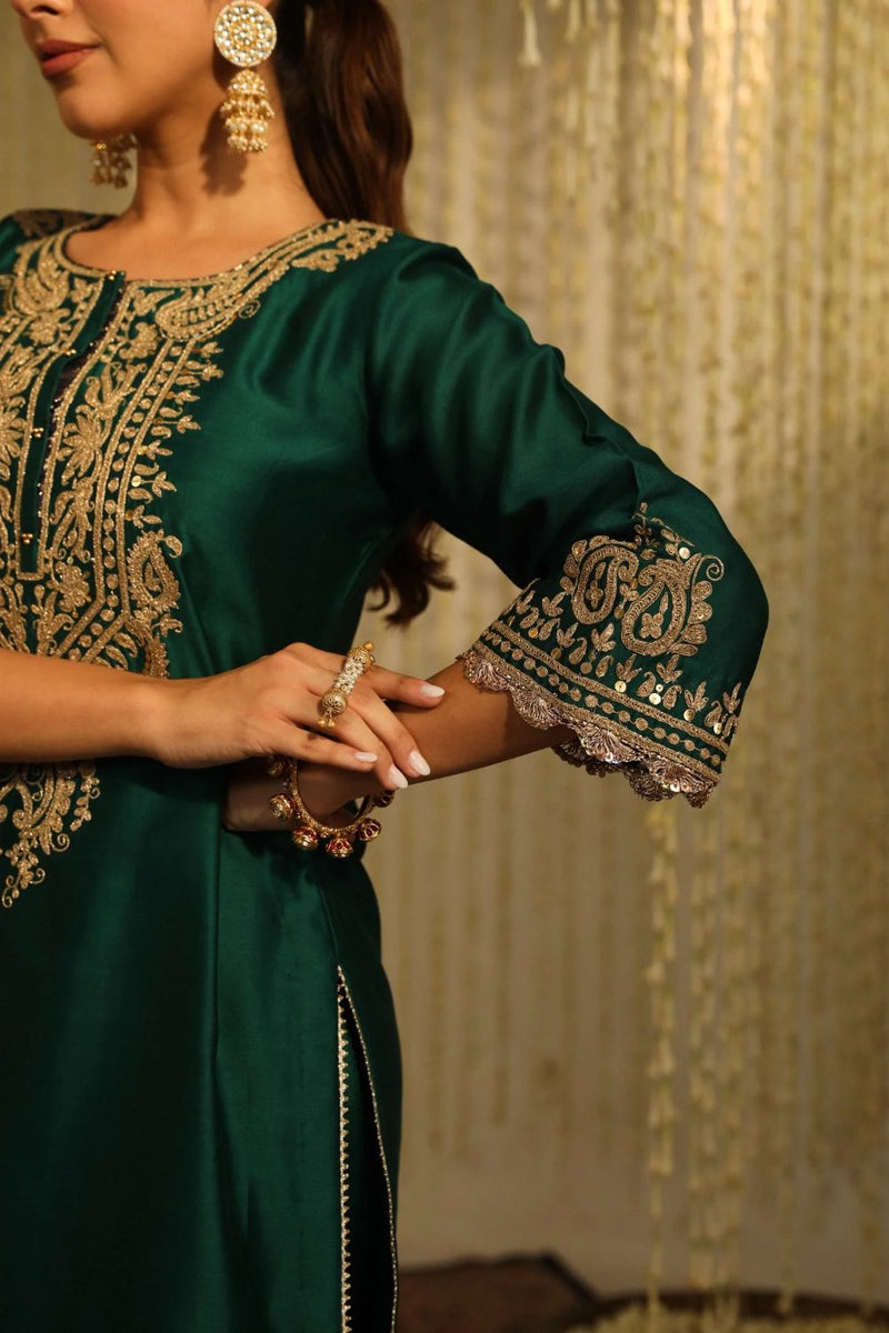Amayra Straight kurta with Dhoti-Emerald Green silk by SHEETAL BATRA for women Worldwide