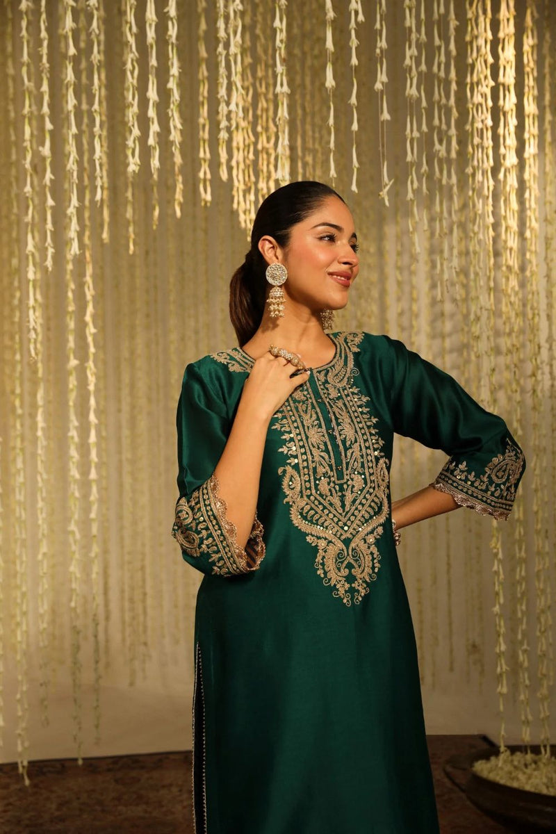 Amayra Straight kurta with Dhoti-Emerald Green silk by SHEETAL BATRA for women Worldwide