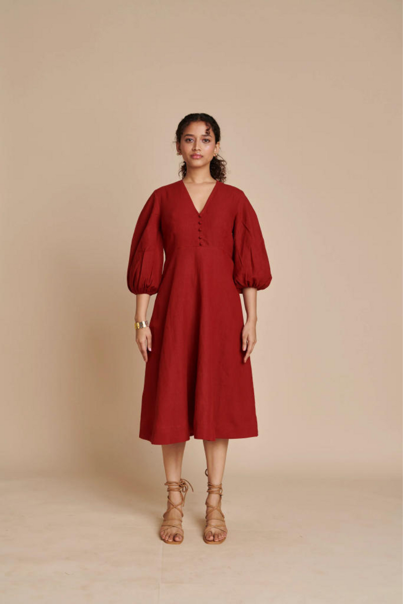 Anaar Linen Billow Dress linen by Saphed in red color for women Worldwide