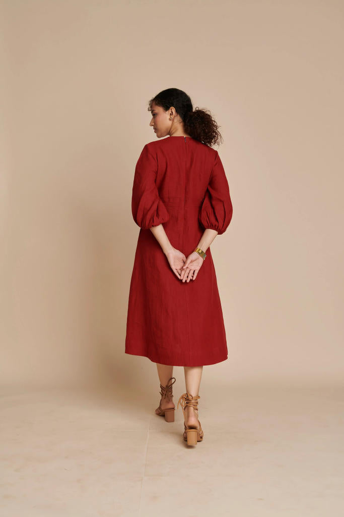 Anaar Linen Billow Dress linen by Saphed in red color for women Worldwide