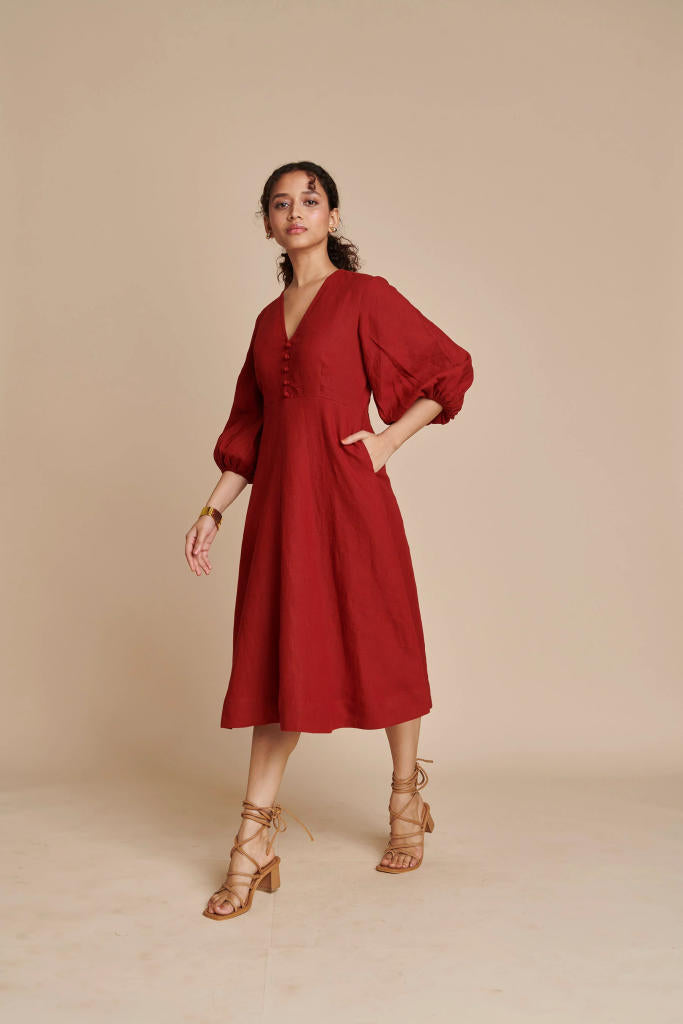 Anaar Linen Billow Dress linen by Saphed in red color for women Worldwide