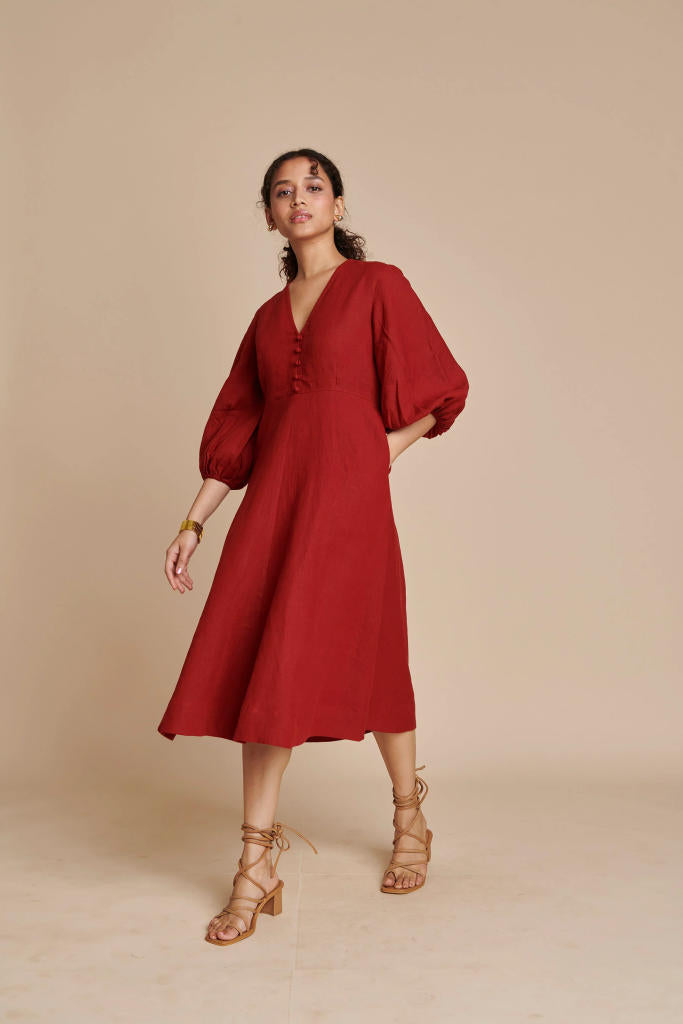 Anaar Linen Billow Dress linen by Saphed in red color for women Worldwide