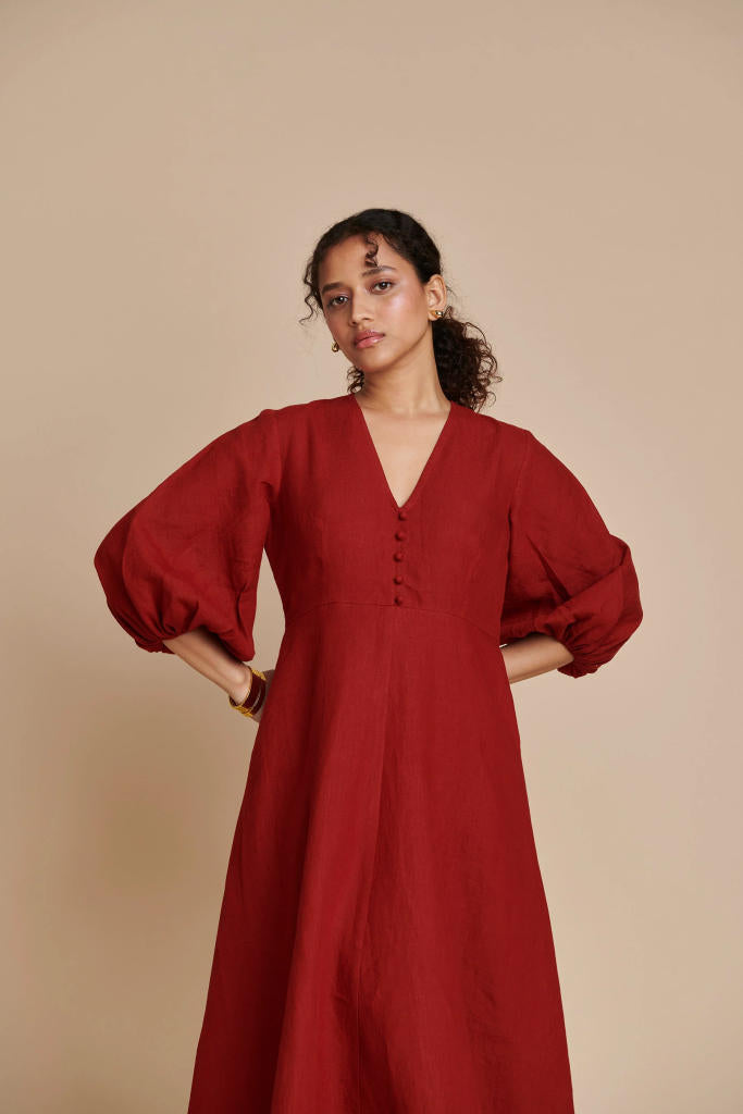Anaar Linen Billow Dress linen by Saphed in red color for women Worldwide