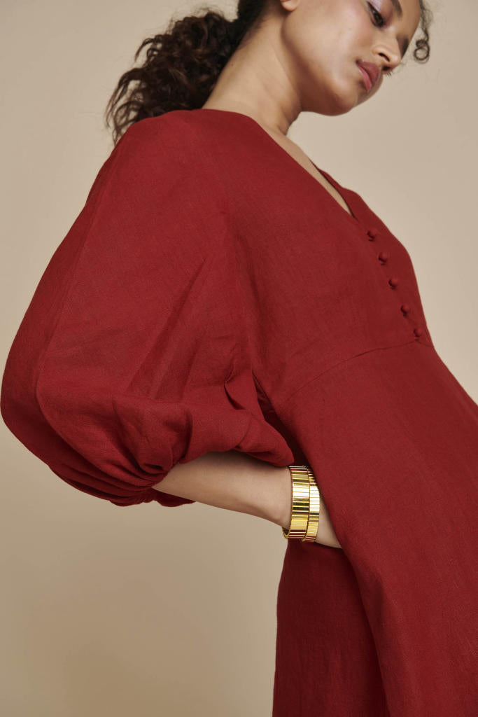 Anaar Linen Billow Dress linen by Saphed in red color for women Worldwide